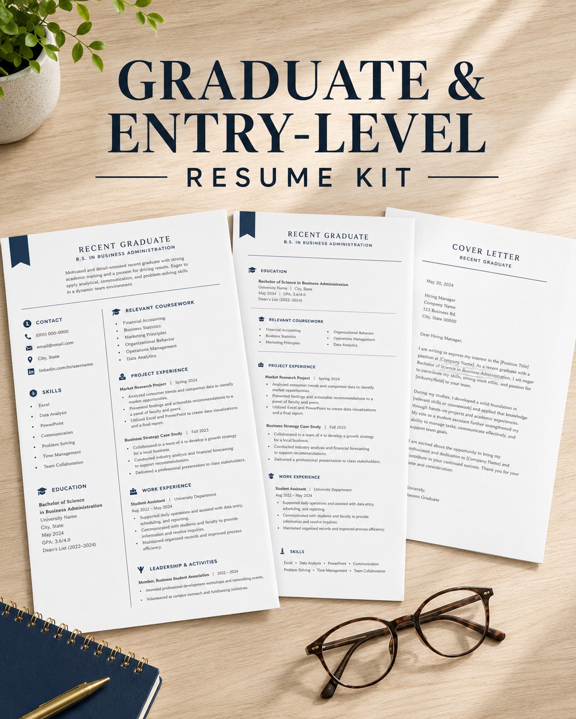 Entry-Level & Graduate Resume Kit — 2 Layouts + Matching Cover Letter