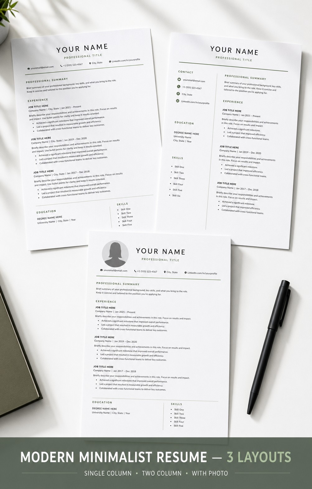 Modern Minimalist Resume & Cover Letter — 3 Layouts, 5 Colors