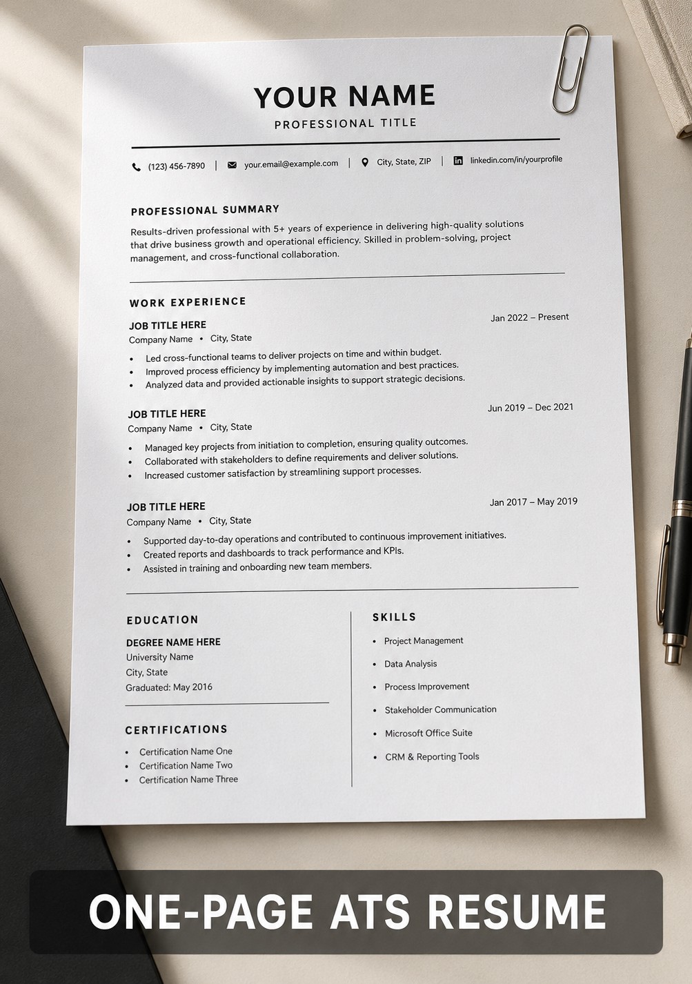 One-Page ATS Resume Template — Word, Google Docs & PDF